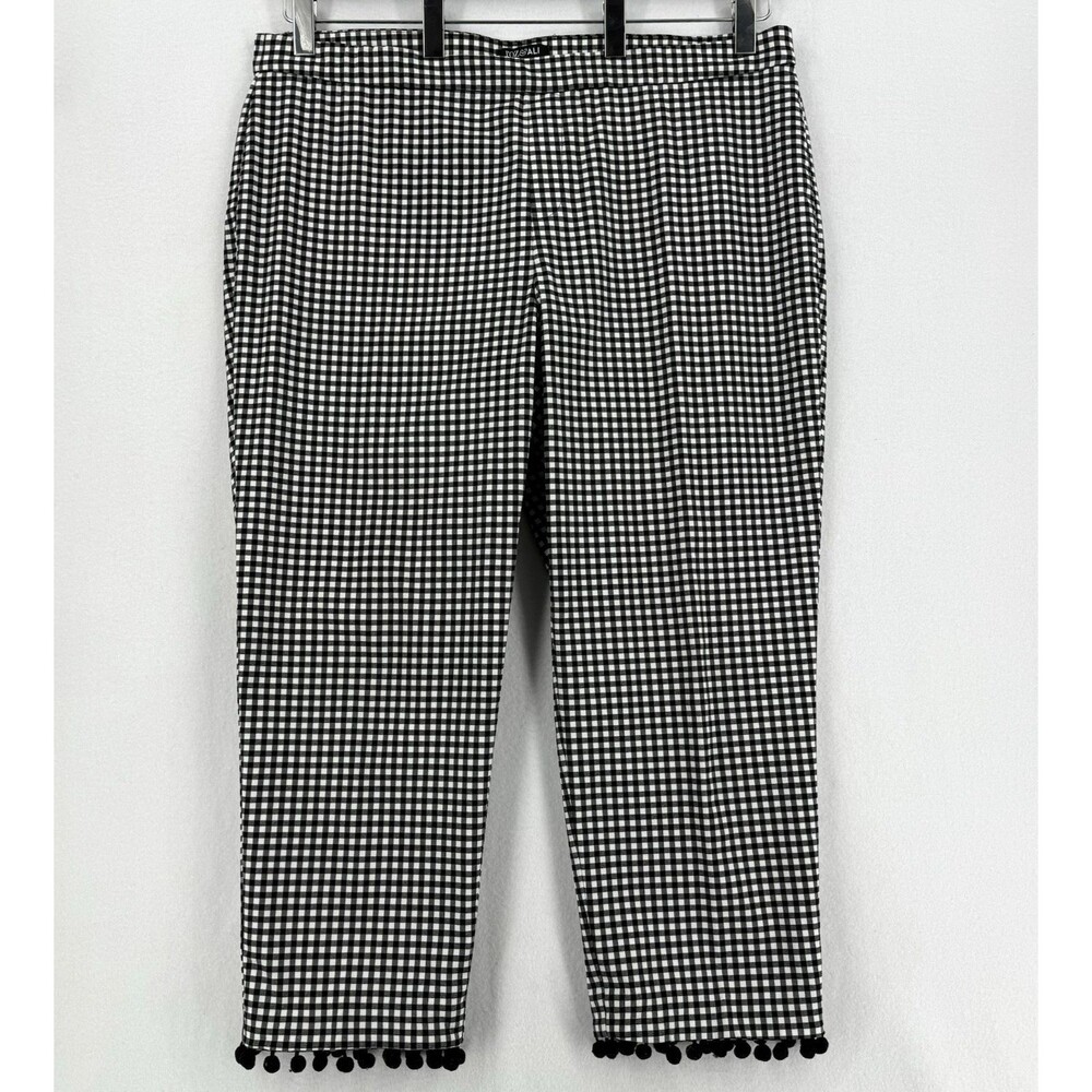 Roz & Ali Size 20 Gingham Pants Black White Pom Pom Hem Pull On Stretch Retro